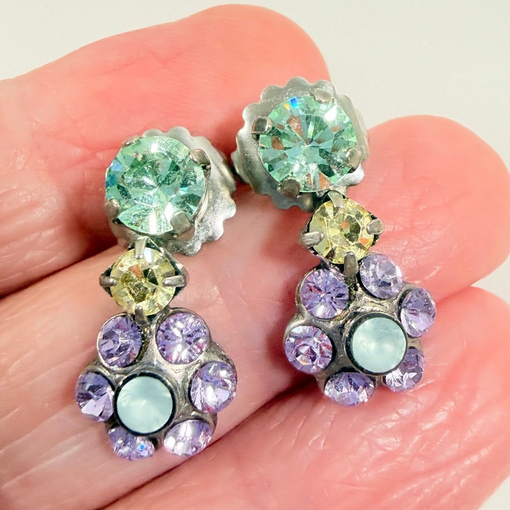 Sorrelli Earrings Pastel Purple Green Yellow Crystal Drop Pierced 1"